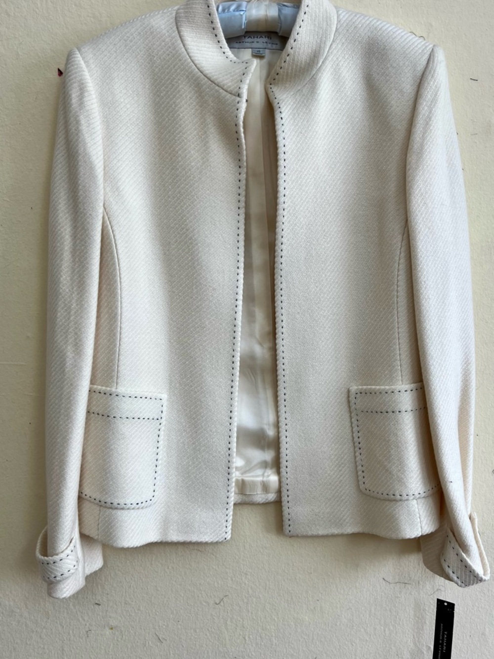 NWT Tahari ASL Cream Collarless Textured Blazer with Contrast Stitching